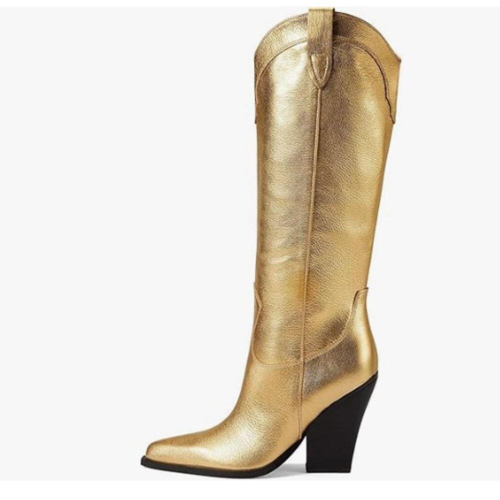 YDN Gold Dressy Knee High Boots Pointed Toe Cowboy Zippers Block Heels Shoes